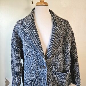Vintage Art to Wear Textured Denim Streetwear Shaggy Blue/Gray Long Coat Large